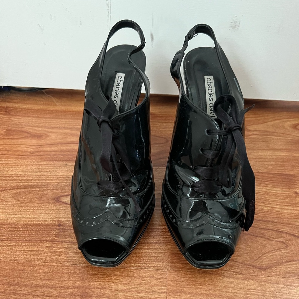 Charles David Glossy Black Peep Toe Heels